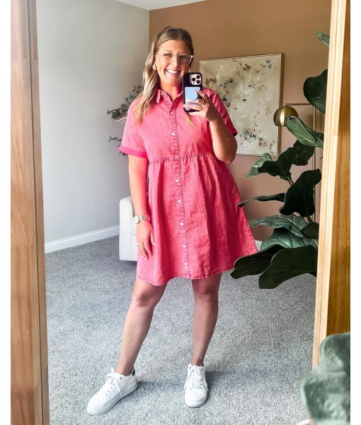 GRAPENT Denim Dress for Women Babydoll Tiered Short Sleeve Button Down Jean Shirt Dresses