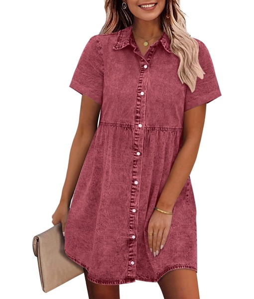 GRAPENT Denim Dress for Women Babydoll Tiered Short Sleeve Button Down Jean Shirt Dresses