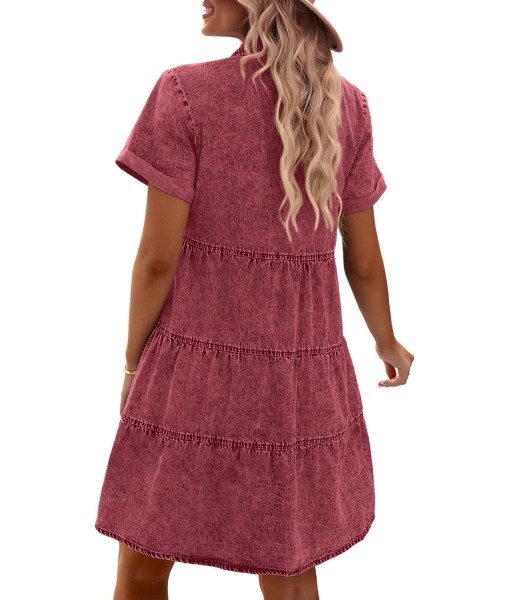GRAPENT Denim Dress for Women Babydoll Tiered Short Sleeve Button Down Jean Shirt Dresses