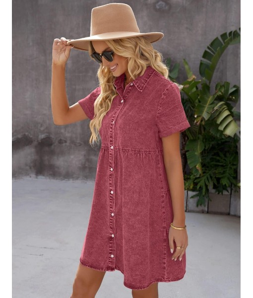 GRAPENT Denim Dress for Women Babydoll Tiered Short Sleeve Button Down Jean Shirt Dresses