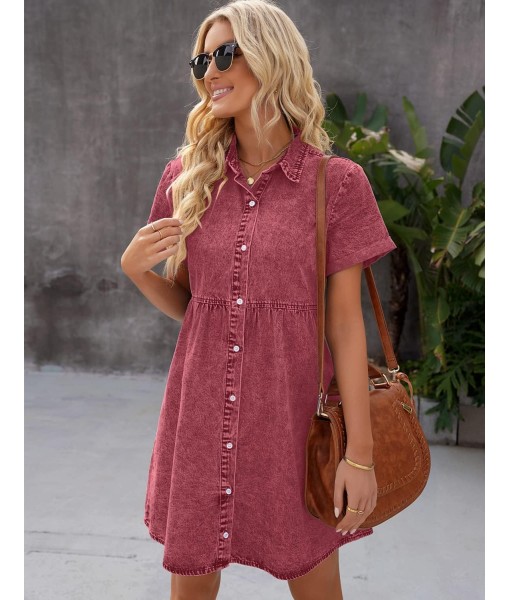 GRAPENT Denim Dress for Women Babydoll Tiered Short Sleeve Button Down Jean Shirt Dresses