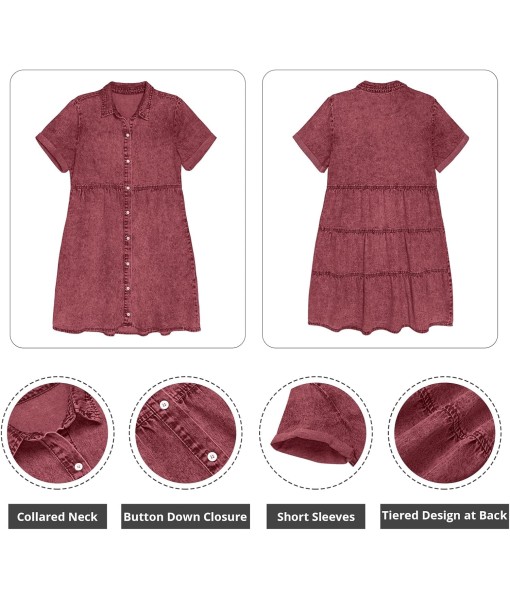 GRAPENT Denim Dress for Women Babydoll Tiered Short Sleeve Button Down Jean Shirt Dresses