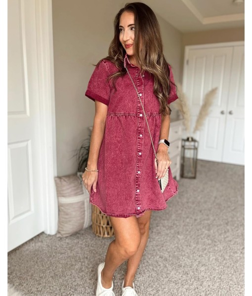GRAPENT Denim Dress for Women Babydoll Tiered Short Sleeve Button Down Jean Shirt Dresses