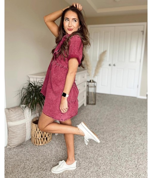 GRAPENT Denim Dress for Women Babydoll Tiered Short Sleeve Button Down Jean Shirt Dresses