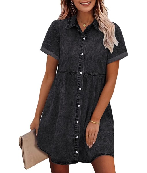 GRAPENT Denim Dress for Women Babydoll Tiered Short Sleeve Button Down Jean Shirt Dresses