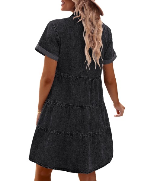 GRAPENT Denim Dress for Women Babydoll Tiered Short Sleeve Button Down Jean Shirt Dresses