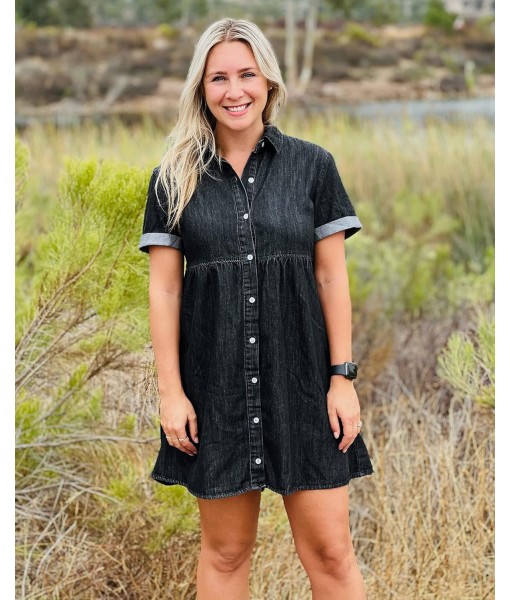 GRAPENT Denim Dress for Women Babydoll Tiered Short Sleeve Button Down Jean Shirt Dresses