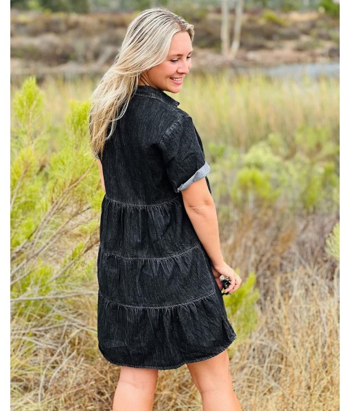 GRAPENT Denim Dress for Women Babydoll Tiered Short Sleeve Button Down Jean Shirt Dresses