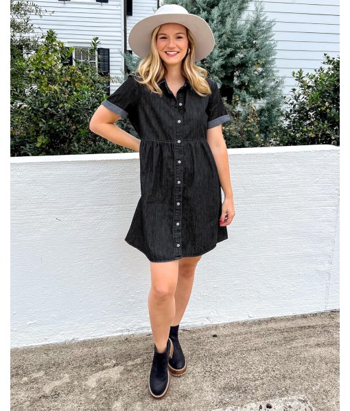 GRAPENT Denim Dress for Women Babydoll Tiered Short Sleeve Button Down Jean Shirt Dresses