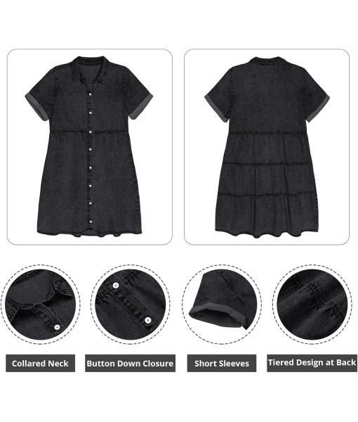 GRAPENT Denim Dress for Women Babydoll Tiered Short Sleeve Button Down Jean Shirt Dresses