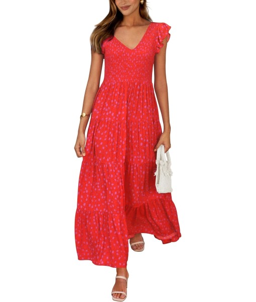 PRETTYGARDEN Women's Summer Flowy Maxi Dress Casual Cap Sleeve V Neck Smocked Beach Sundress