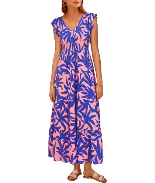 PRETTYGARDEN Women's Summer Flowy Maxi Dress Casual Cap Sleeve V Neck Smocked Beach Sundress