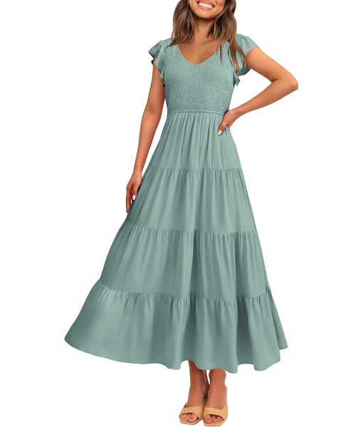 PRETTYGARDEN Women's Summer Flowy Maxi Dress Casual Cap Sleeve V Neck Smocked Beach Sundress