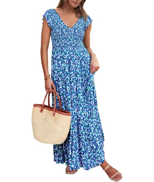 PRETTYGARDEN Women's Summer Flowy Maxi Dress Casual Cap Sleeve V Neck Smocked Beach Sundress