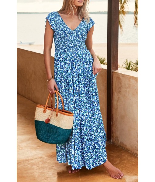 PRETTYGARDEN Women's Summer Flowy Maxi Dress Casual Cap Sleeve V Neck Smocked Beach Sundress