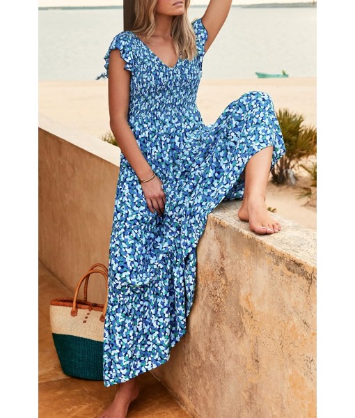 PRETTYGARDEN Women's Summer Flowy Maxi Dress Casual Cap Sleeve V Neck Smocked Beach Sundress