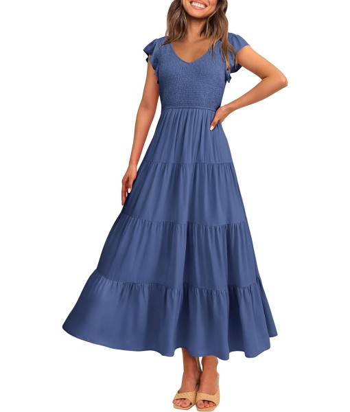 PRETTYGARDEN Women's Summer Flowy Maxi Dress Casual Cap Sleeve V Neck Smocked Beach Sundress