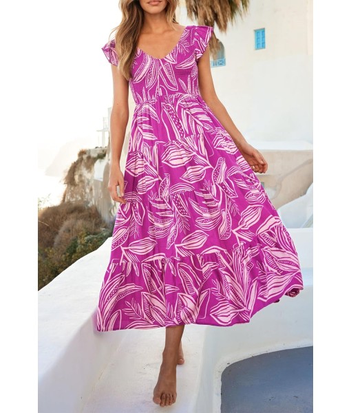 PRETTYGARDEN Women's Summer Flowy Maxi Dress Casual Cap Sleeve V Neck Smocked Beach Sundress