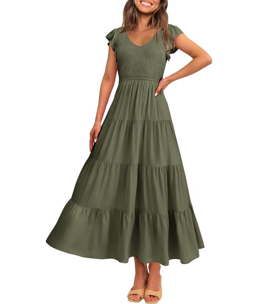 PRETTYGARDEN Women's Summer Flowy Maxi Dress Casual Cap Sleeve V Neck Smocked Beach Sundress