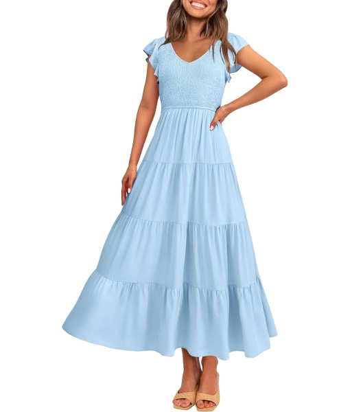 PRETTYGARDEN Women's Summer Flowy Maxi Dress Casual Cap Sleeve V Neck Smocked Beach Sundress