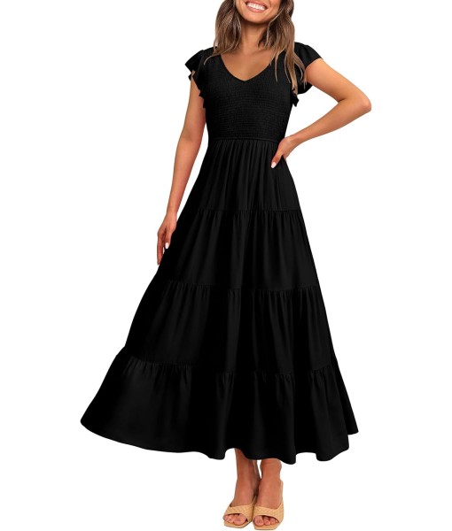 PRETTYGARDEN Women's Summer Flowy Maxi Dress Casual Cap Sleeve V Neck Smocked Beach Sundress