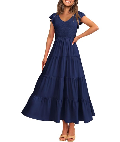 PRETTYGARDEN Women's Summer Flowy Maxi Dress Casual Cap Sleeve V Neck Smocked Beach Sundress