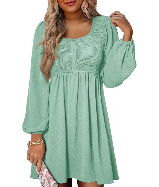 Dokotoo Womens 2025 Casual Dresses Smocked Crewneck Button Up Long Sleeve Empire Waist A-Line Mini Dress