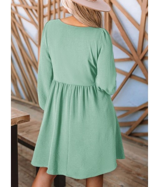 Dokotoo Womens 2025 Casual Dresses Smocked Crewneck Button Up Long Sleeve Empire Waist A-Line Mini Dress