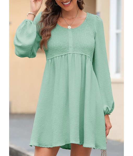 Dokotoo Womens 2025 Casual Dresses Smocked Crewneck Button Up Long Sleeve Empire Waist A-Line Mini Dress
