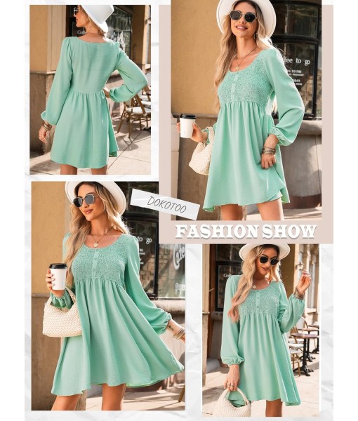 Dokotoo Womens 2025 Casual Dresses Smocked Crewneck Button Up Long Sleeve Empire Waist A-Line Mini Dress