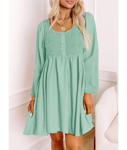 Dokotoo Womens 2025 Casual Dresses Smocked Crewneck Button Up Long Sleeve Empire Waist A-Line Mini Dress