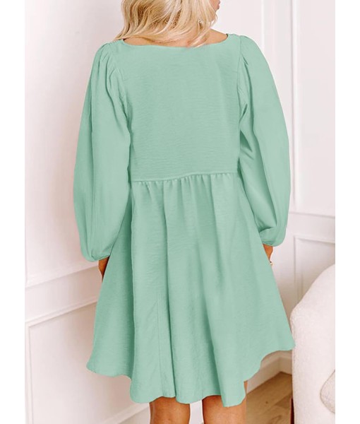 Dokotoo Womens 2025 Casual Dresses Smocked Crewneck Button Up Long Sleeve Empire Waist A-Line Mini Dress