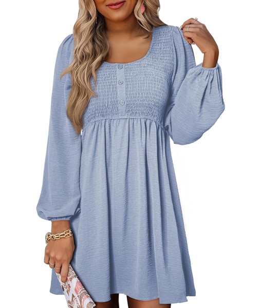 Dokotoo Womens 2025 Casual Dresses Smocked Crewneck Button Up Long Sleeve Empire Waist A-Line Mini Dress