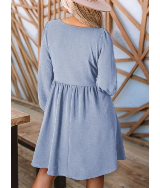 Dokotoo Womens 2025 Casual Dresses Smocked Crewneck Button Up Long Sleeve Empire Waist A-Line Mini Dress