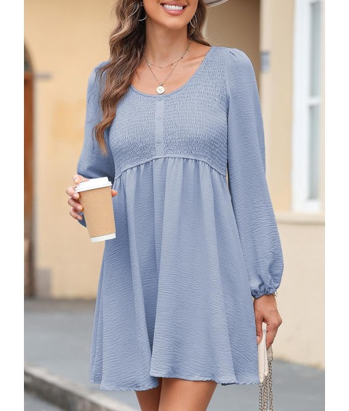 Dokotoo Womens 2025 Casual Dresses Smocked Crewneck Button Up Long Sleeve Empire Waist A-Line Mini Dress
