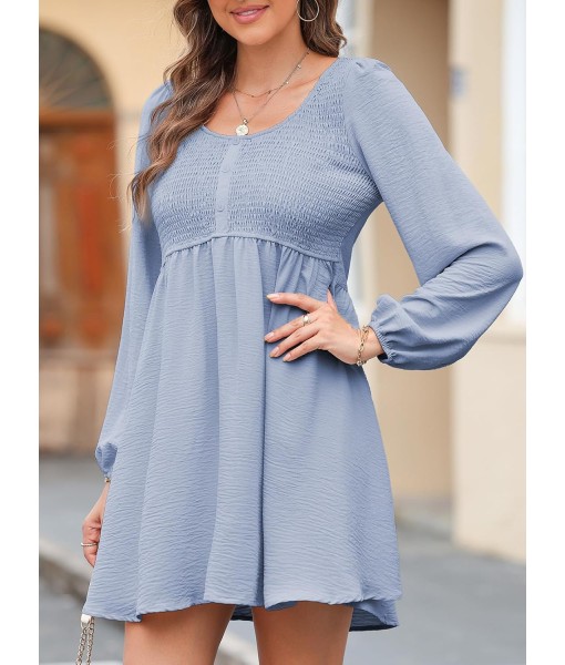 Dokotoo Womens 2025 Casual Dresses Smocked Crewneck Button Up Long Sleeve Empire Waist A-Line Mini Dress
