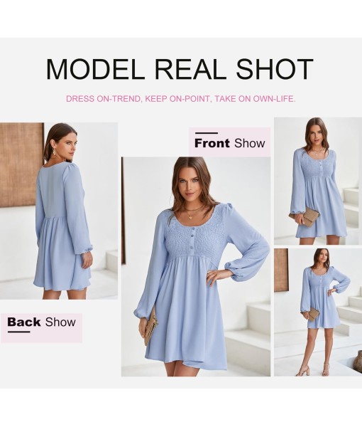 Dokotoo Womens 2025 Casual Dresses Smocked Crewneck Button Up Long Sleeve Empire Waist A-Line Mini Dress