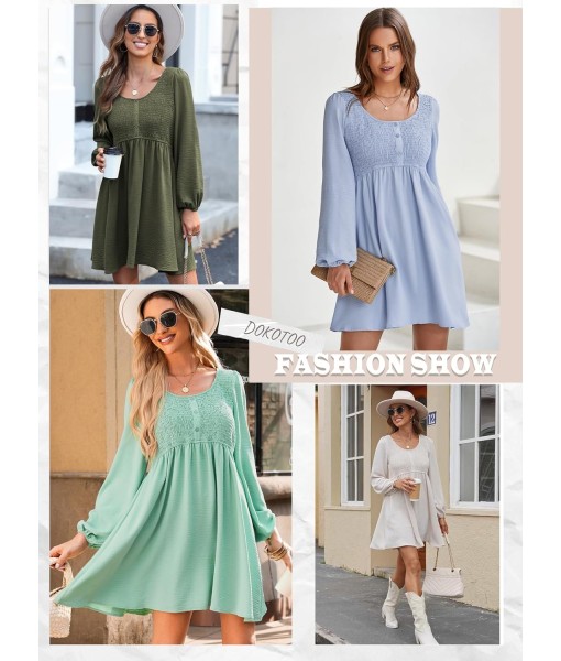 Dokotoo Womens 2025 Casual Dresses Smocked Crewneck Button Up Long Sleeve Empire Waist A-Line Mini Dress
