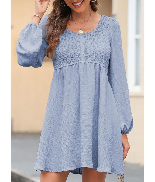 Dokotoo Womens 2025 Casual Dresses Smocked Crewneck Button Up Long Sleeve Empire Waist A-Line Mini Dress