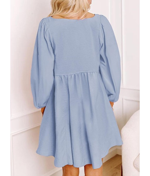 Dokotoo Womens 2025 Casual Dresses Smocked Crewneck Button Up Long Sleeve Empire Waist A-Line Mini Dress