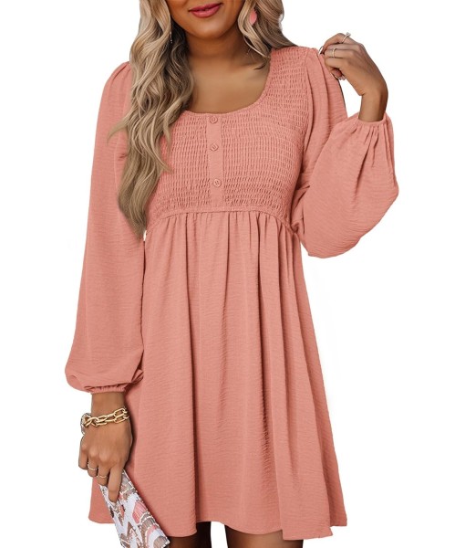 Dokotoo Womens 2025 Casual Dresses Smocked Crewneck Button Up Long Sleeve Empire Waist A-Line Mini Dress