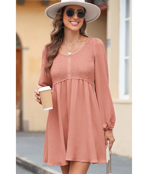 Dokotoo Womens 2025 Casual Dresses Smocked Crewneck Button Up Long Sleeve Empire Waist A-Line Mini Dress