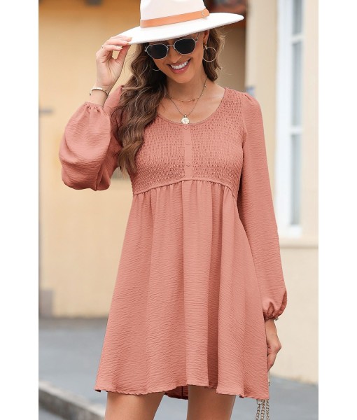 Dokotoo Womens 2025 Casual Dresses Smocked Crewneck Button Up Long Sleeve Empire Waist A-Line Mini Dress