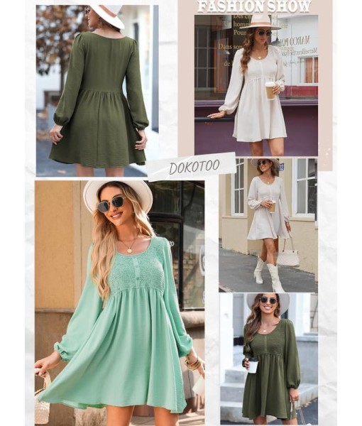 Dokotoo Womens 2025 Casual Dresses Smocked Crewneck Button Up Long Sleeve Empire Waist A-Line Mini Dress
