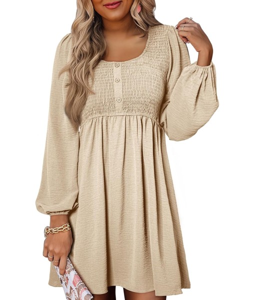 Dokotoo Womens 2025 Casual Dresses Smocked Crewneck Button Up Long Sleeve Empire Waist A-Line Mini Dress
