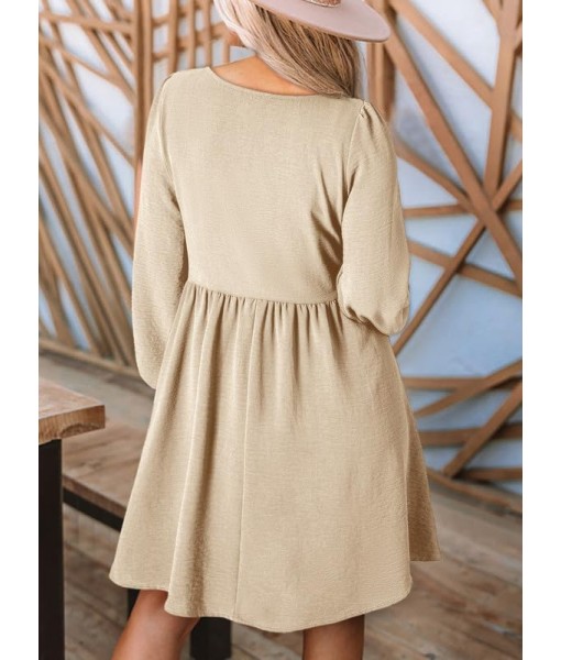 Dokotoo Womens 2025 Casual Dresses Smocked Crewneck Button Up Long Sleeve Empire Waist A-Line Mini Dress