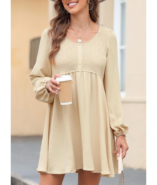 Dokotoo Womens 2025 Casual Dresses Smocked Crewneck Button Up Long Sleeve Empire Waist A-Line Mini Dress