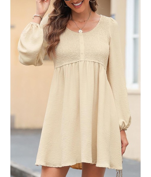 Dokotoo Womens 2025 Casual Dresses Smocked Crewneck Button Up Long Sleeve Empire Waist A-Line Mini Dress