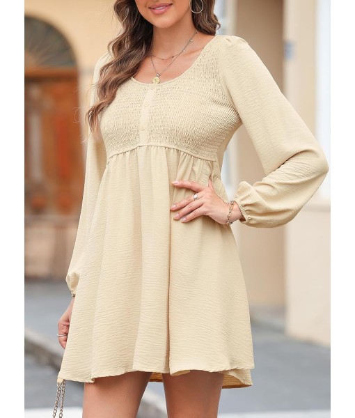 Dokotoo Womens 2025 Casual Dresses Smocked Crewneck Button Up Long Sleeve Empire Waist A-Line Mini Dress