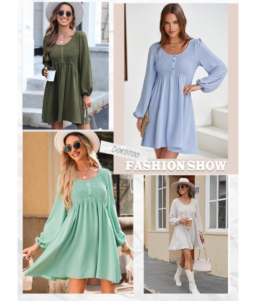 Dokotoo Womens 2025 Casual Dresses Smocked Crewneck Button Up Long Sleeve Empire Waist A-Line Mini Dress